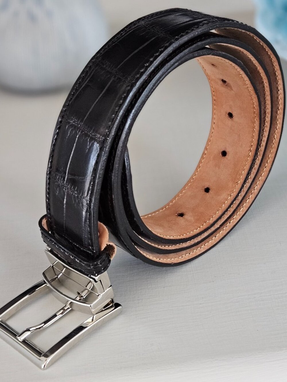 Rene Mancini Milano Italy Men Black Leather belt size 5/115 camel inside